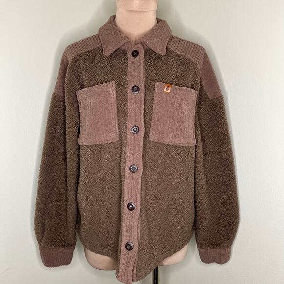 Simply Southern Shacket Large Womens Sherpa Jacket Brown Button Chenille Pockets - Picture 1 of 7